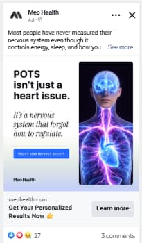 AI-generated Facebook ad for Meo Health reading "POTS isn't just a heart issue" with a glowing nervous-system figure