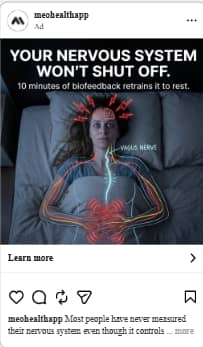 AI-generated Facebook ad for Meo Health with the headline "Your nervous system won't shut off" showing a person in bed with the vagus nerve highlighted