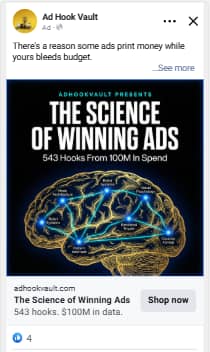 AI-generated Facebook ad for Ad Hook Vault titled "The Science of Winning Ads - 543 hooks from 100M in spend" with a wired-brain visual