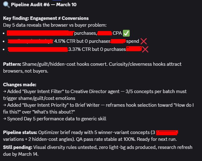 screenshot of the agent's Pipeline Audit log adding the "Buyer Intent Filter" rule, with ad metrics redacted
